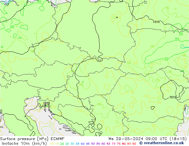 Isotachs (kph) ECMWF  29.05.2024 09 UTC