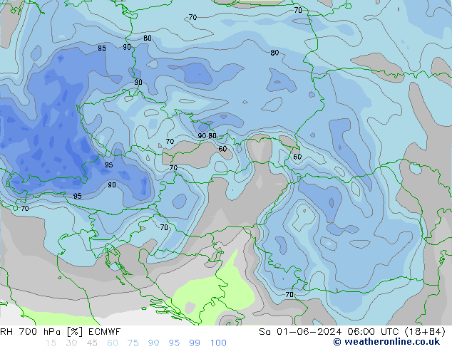 Humedad rel. 700hPa ECMWF sáb 01.06.2024 06 UTC