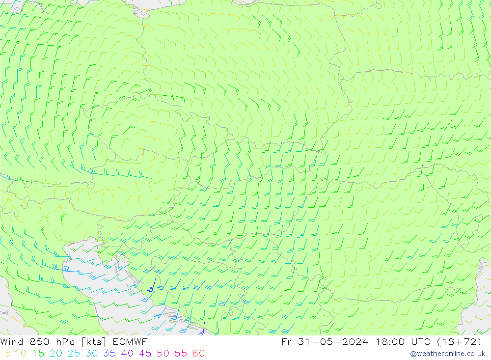 Rüzgar 850 hPa ECMWF Cu 31.05.2024 18 UTC