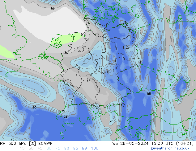 300 hPa Nispi Nem ECMWF Çar 29.05.2024 15 UTC