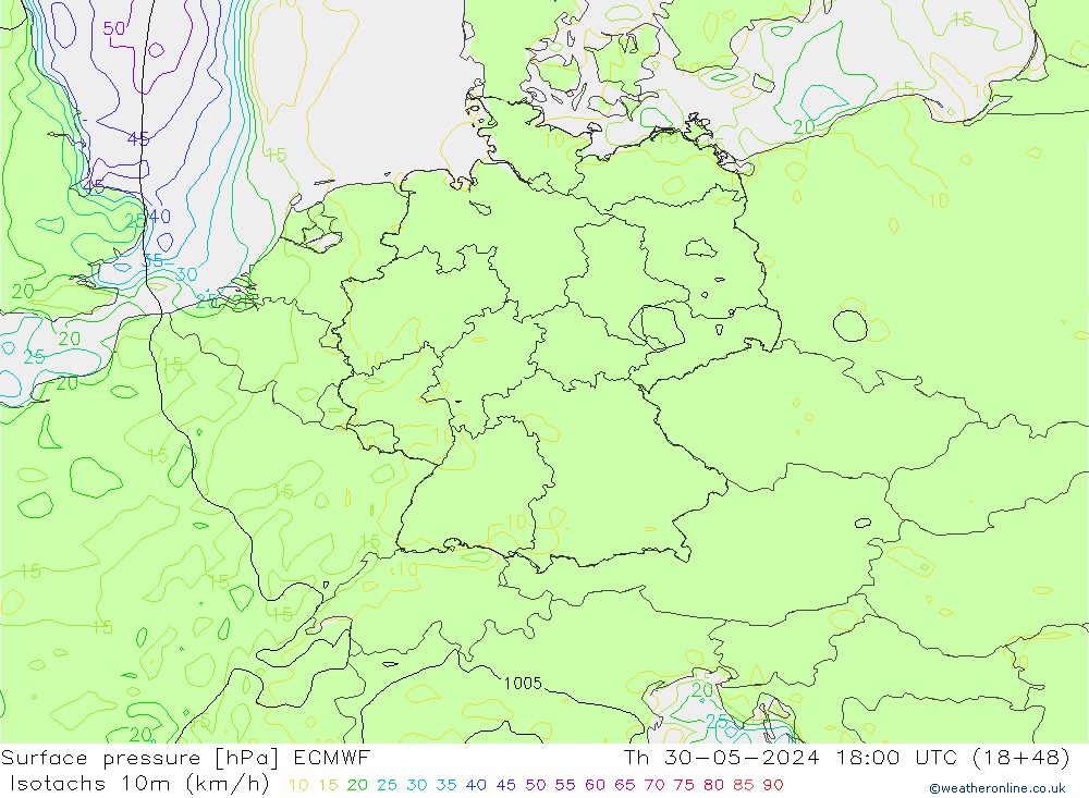 Isotachen (km/h) ECMWF do 30.05.2024 18 UTC