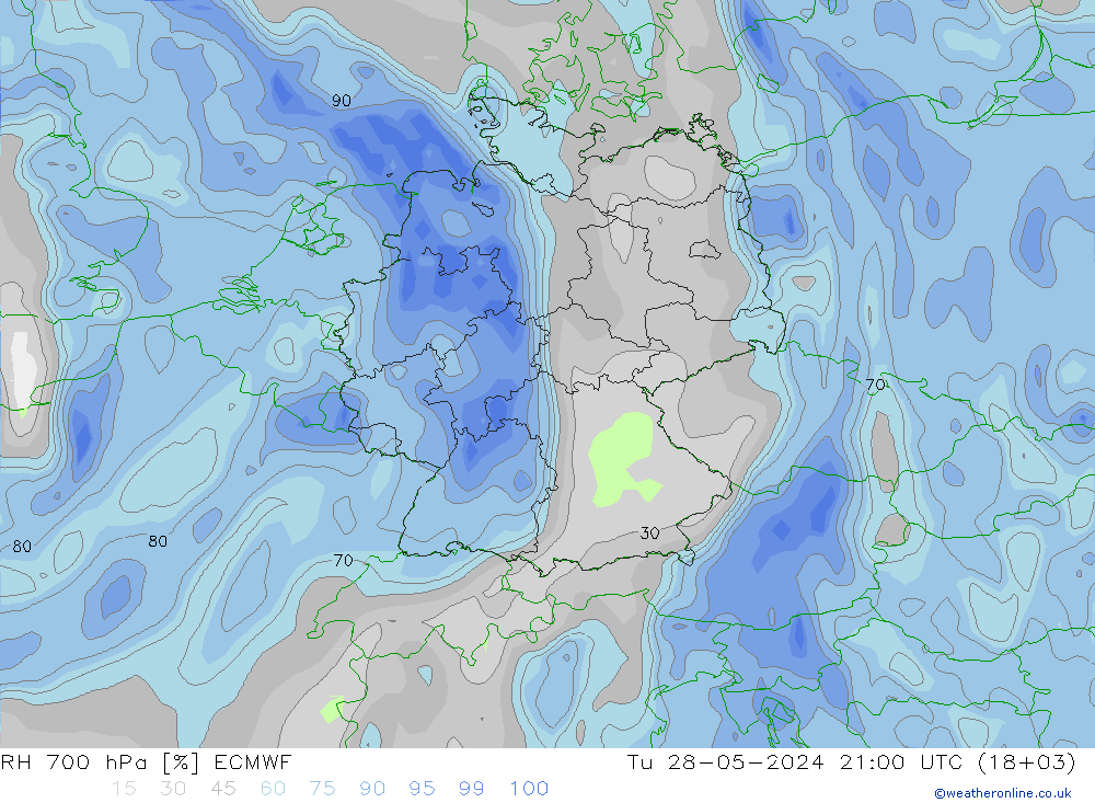 RH 700 hPa ECMWF Ter 28.05.2024 21 UTC