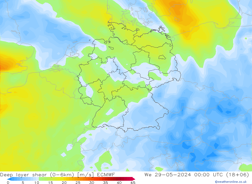 Deep layer shear (0-6km) ECMWF Çar 29.05.2024 00 UTC