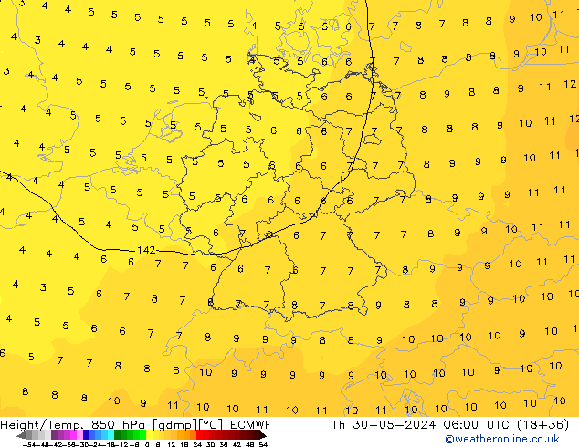 Hoogte/Temp. 850 hPa ECMWF do 30.05.2024 06 UTC