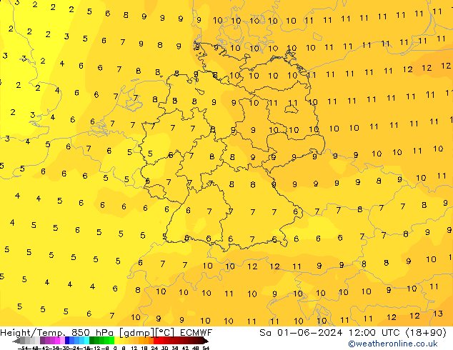 Height/Temp. 850 hPa ECMWF Sa 01.06.2024 12 UTC