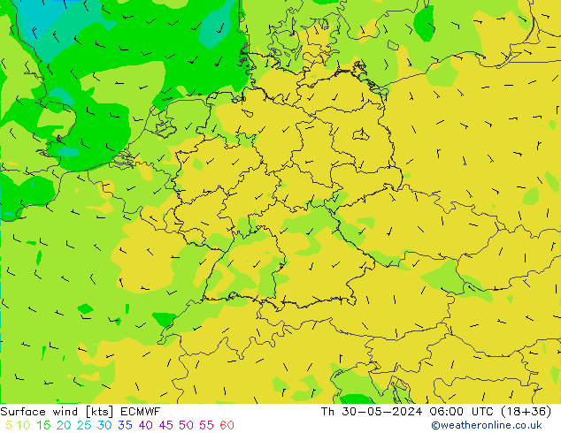 Wind 10 m ECMWF do 30.05.2024 06 UTC