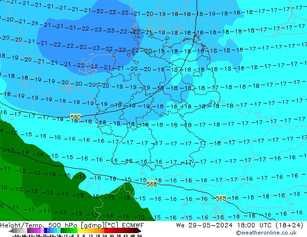 Height/Temp. 500 hPa ECMWF mer 29.05.2024 18 UTC