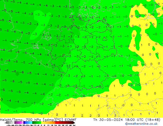 Height/Temp. 700 hPa ECMWF Th 30.05.2024 18 UTC