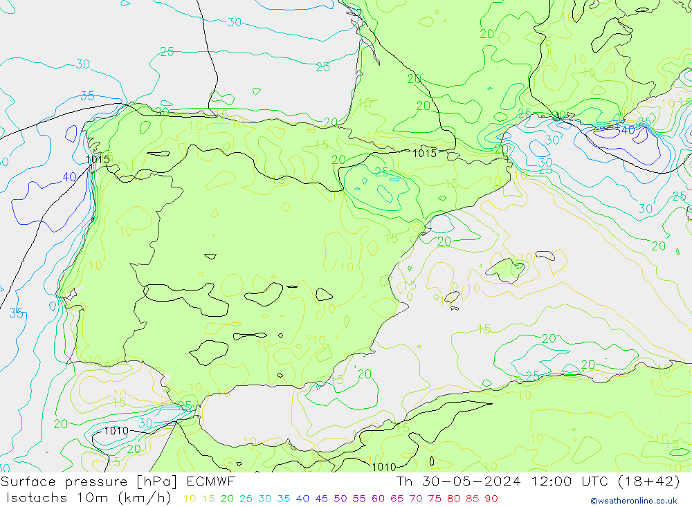 Isotachs (kph) ECMWF Th 30.05.2024 12 UTC
