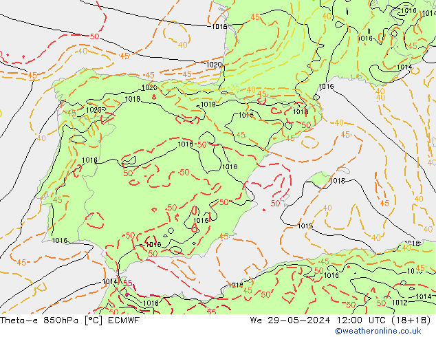 Theta-e 850hPa ECMWF wo 29.05.2024 12 UTC