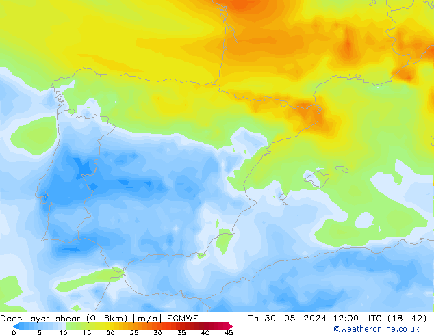 Deep layer shear (0-6km) ECMWF Čt 30.05.2024 12 UTC