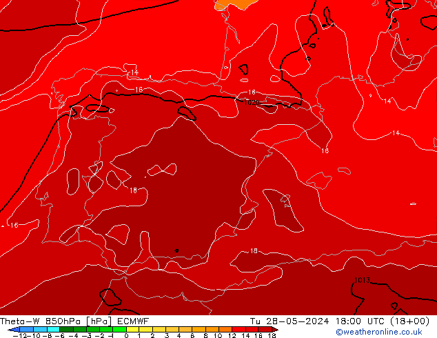 Theta-W 850hPa ECMWF Út 28.05.2024 18 UTC