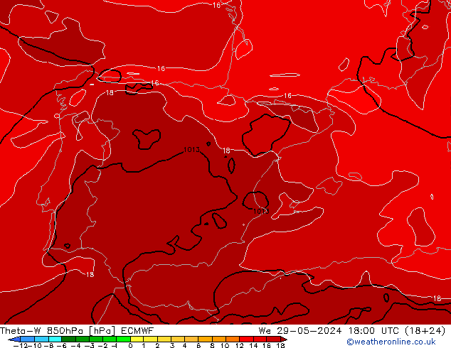 Theta-W 850hPa ECMWF śro. 29.05.2024 18 UTC