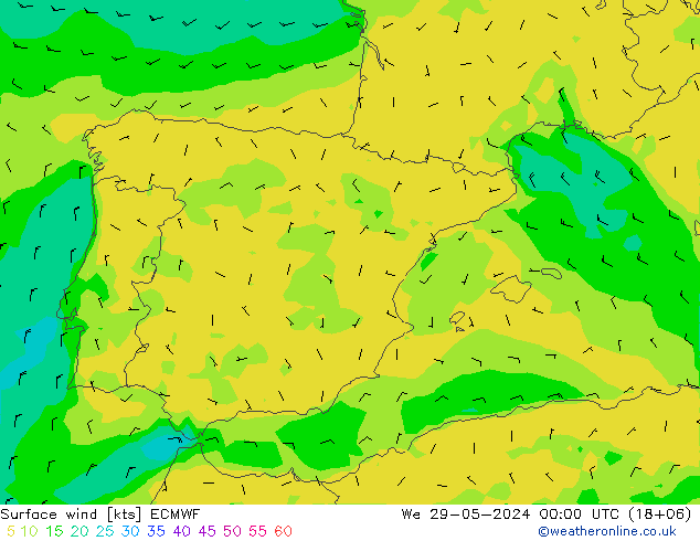 Viento 10 m ECMWF mié 29.05.2024 00 UTC