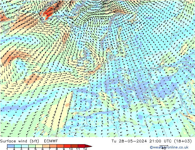 Surface wind (bft) ECMWF Tu 28.05.2024 21 UTC