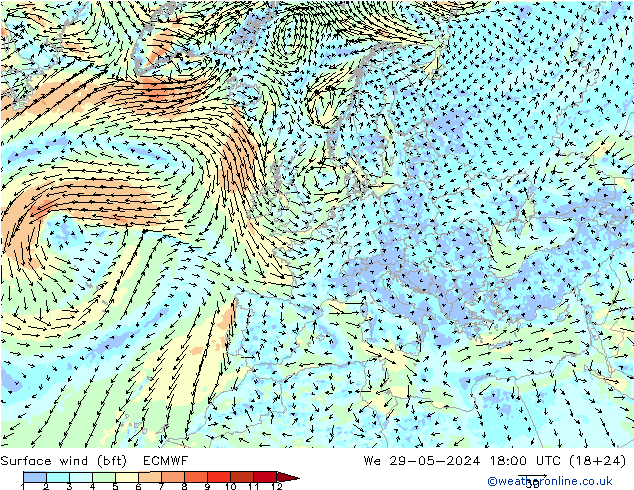 wiatr 10 m (bft) ECMWF śro. 29.05.2024 18 UTC