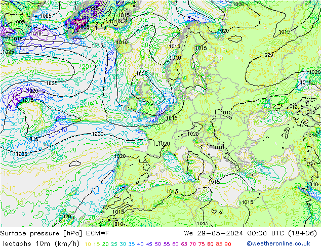 Isotachs (kph) ECMWF St 29.05.2024 00 UTC