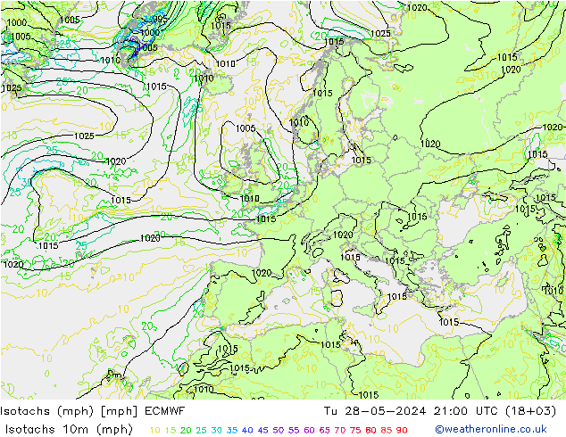 Isotachen (mph) ECMWF Di 28.05.2024 21 UTC