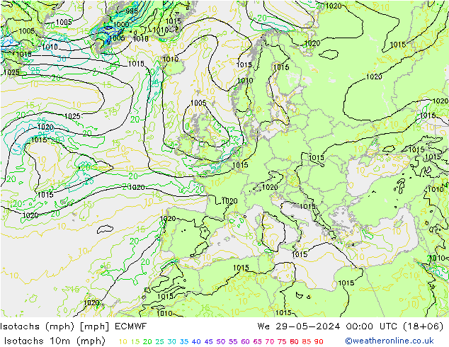 Isotachs (mph) ECMWF Qua 29.05.2024 00 UTC