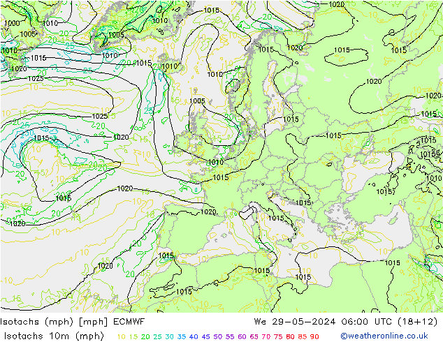 Isotaca (mph) ECMWF mié 29.05.2024 06 UTC