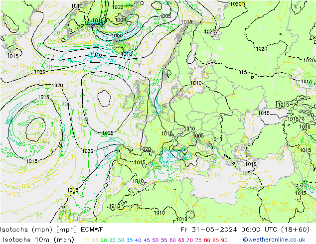 Isotachs (mph) ECMWF Fr 31.05.2024 06 UTC