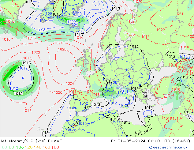 Jet stream/SLP ECMWF Fr 31.05.2024 06 UTC