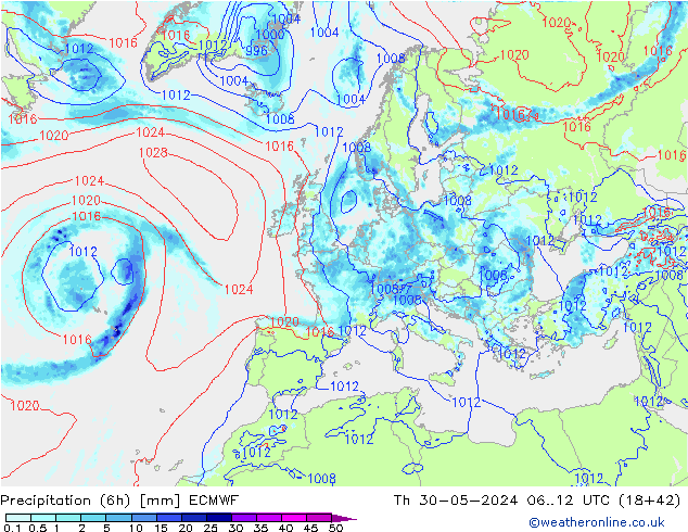 Z500/Rain (+SLP)/Z850 ECMWF jeu 30.05.2024 12 UTC