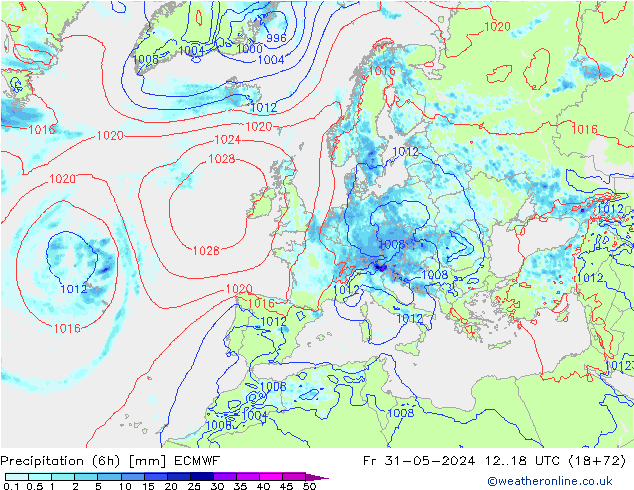 Totale neerslag (6h) ECMWF vr 31.05.2024 18 UTC
