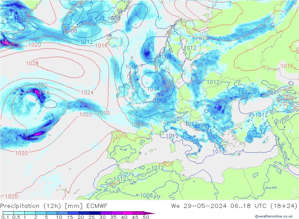 Precipitación (12h) ECMWF mié 29.05.2024 18 UTC