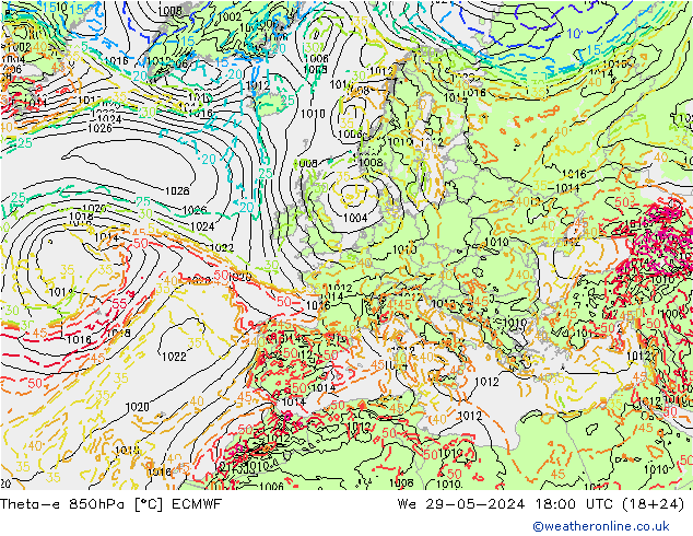 Theta-e 850hPa ECMWF St 29.05.2024 18 UTC