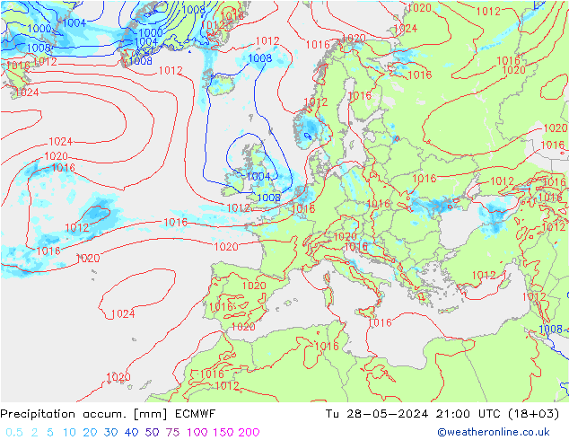 Precipitation accum. ECMWF Út 28.05.2024 21 UTC