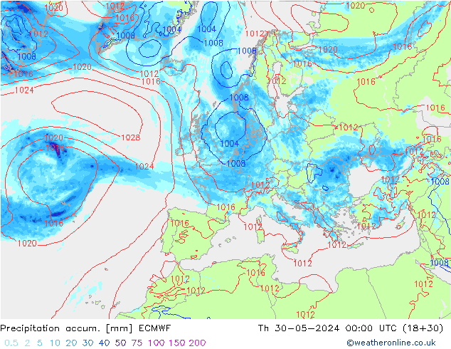 Precipitation accum. ECMWF czw. 30.05.2024 00 UTC