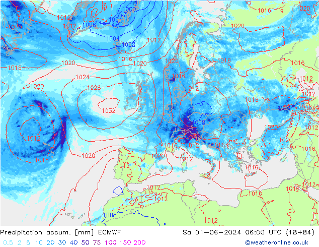 Precipitation accum. ECMWF сб 01.06.2024 06 UTC