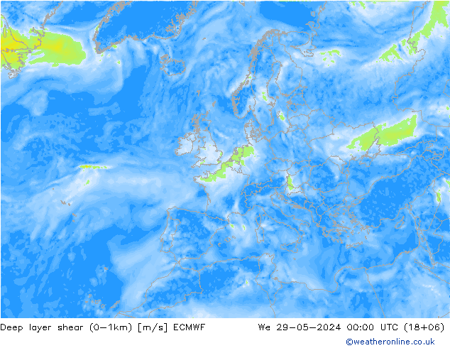 Deep layer shear (0-1km) ECMWF Mi 29.05.2024 00 UTC