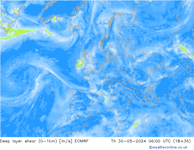 Deep layer shear (0-1km) ECMWF Qui 30.05.2024 06 UTC