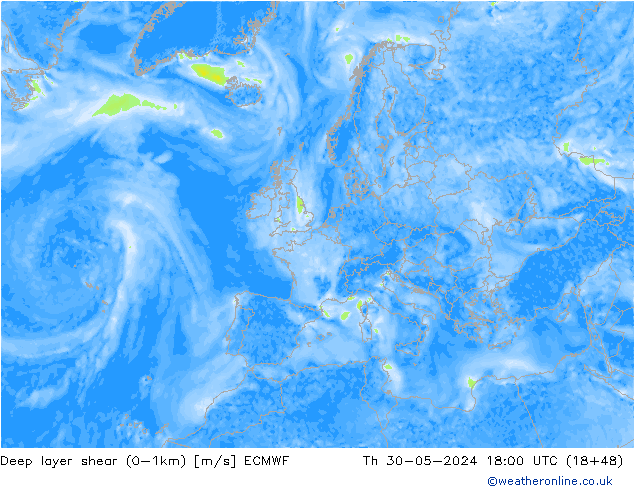 Deep layer shear (0-1km) ECMWF Qui 30.05.2024 18 UTC