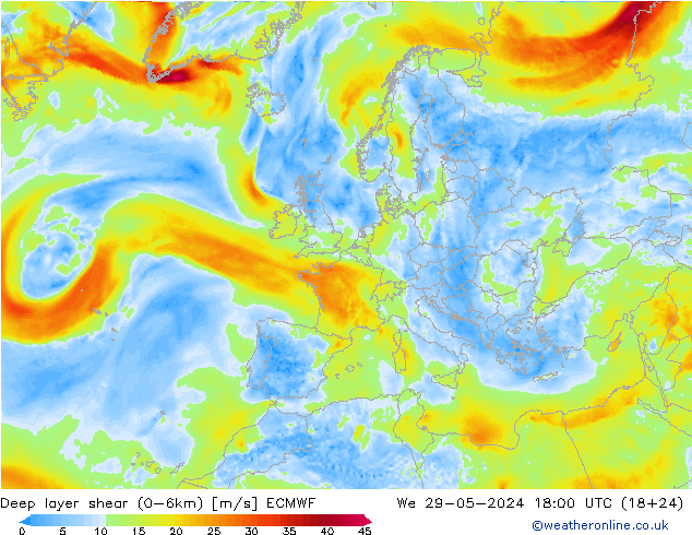 Deep layer shear (0-6km) ECMWF Mi 29.05.2024 18 UTC