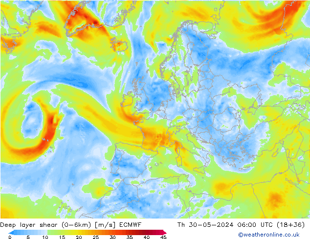 Deep layer shear (0-6km) ECMWF jeu 30.05.2024 06 UTC