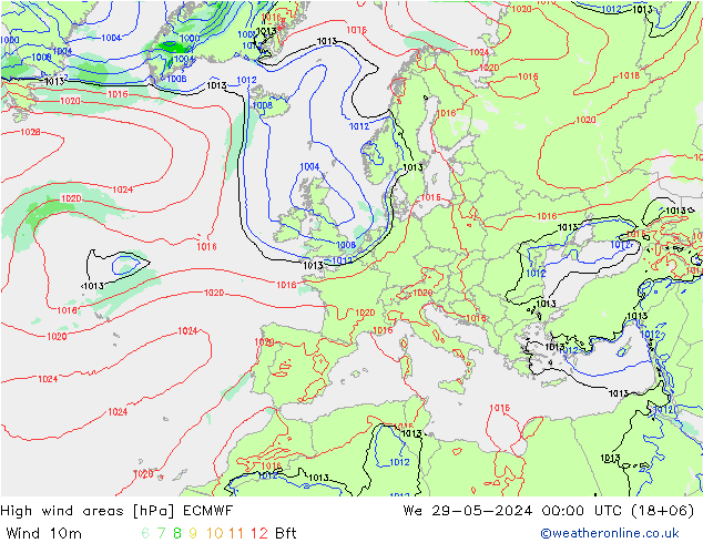 High wind areas ECMWF mer 29.05.2024 00 UTC