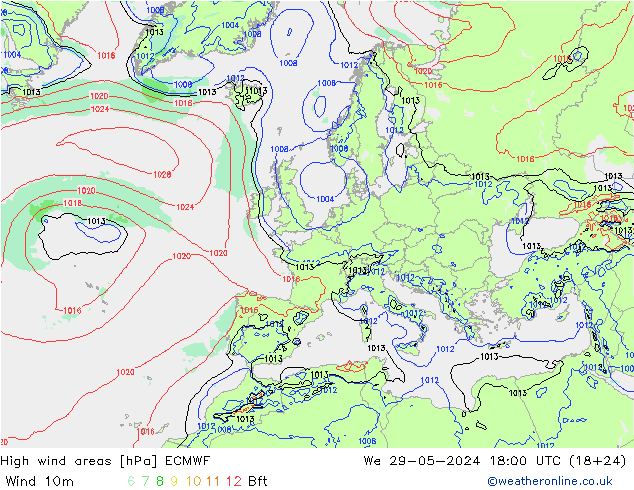 High wind areas ECMWF We 29.05.2024 18 UTC