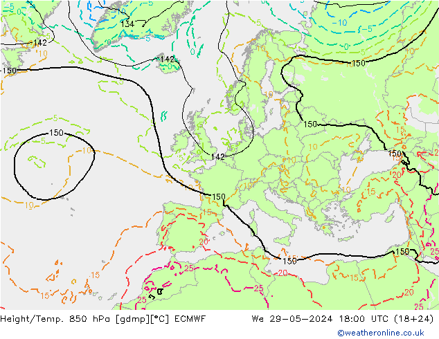 Hoogte/Temp. 850 hPa ECMWF wo 29.05.2024 18 UTC