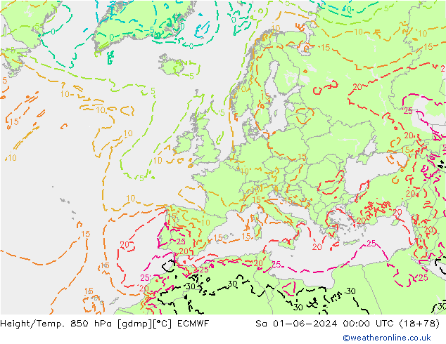 Height/Temp. 850 hPa ECMWF So 01.06.2024 00 UTC