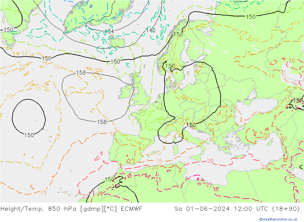Height/Temp. 850 hPa ECMWF Sa 01.06.2024 12 UTC