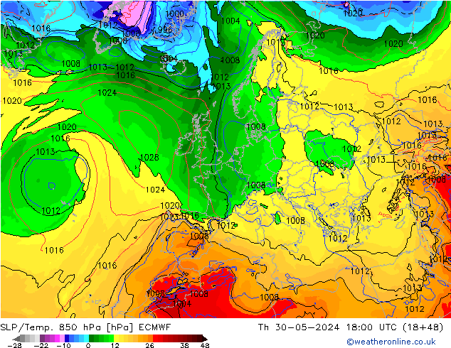 SLP/Temp. 850 hPa ECMWF Th 30.05.2024 18 UTC