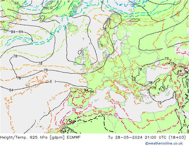 Height/Temp. 925 hPa ECMWF Di 28.05.2024 21 UTC