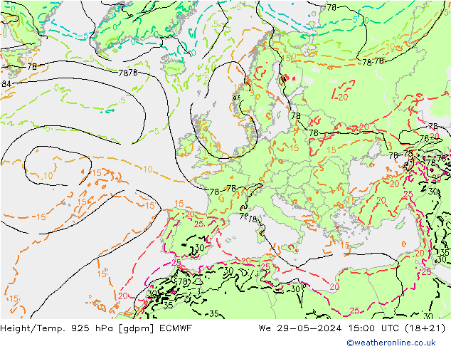 Geop./Temp. 925 hPa ECMWF mié 29.05.2024 15 UTC