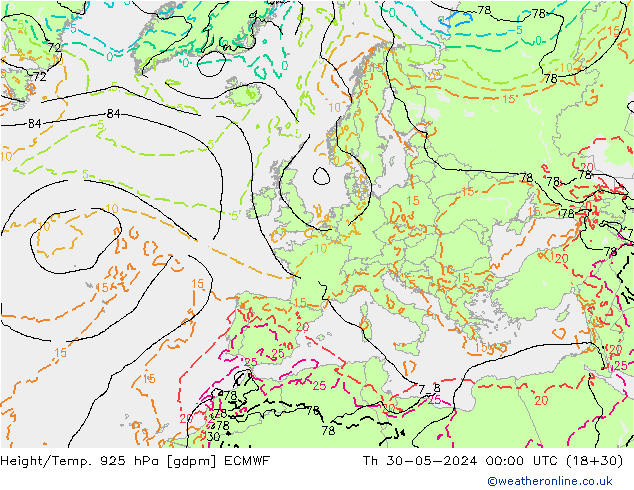 Height/Temp. 925 hPa ECMWF Čt 30.05.2024 00 UTC