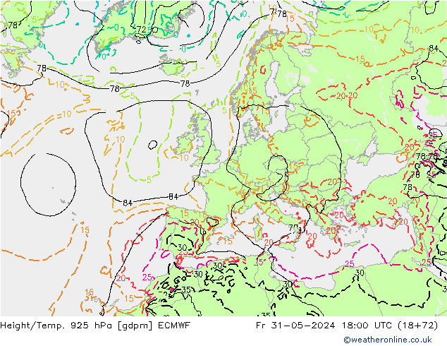 Height/Temp. 925 hPa ECMWF Sex 31.05.2024 18 UTC