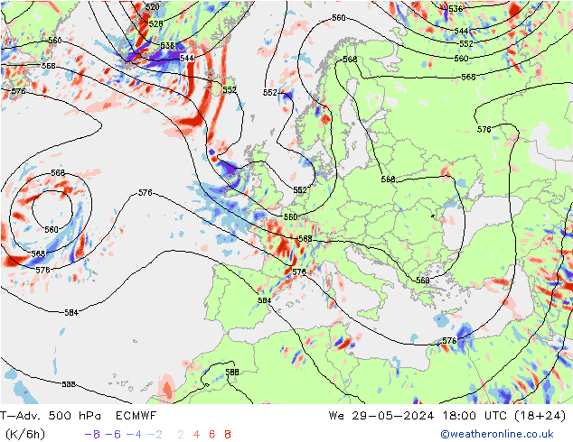 T-Adv. 500 hPa ECMWF mié 29.05.2024 18 UTC