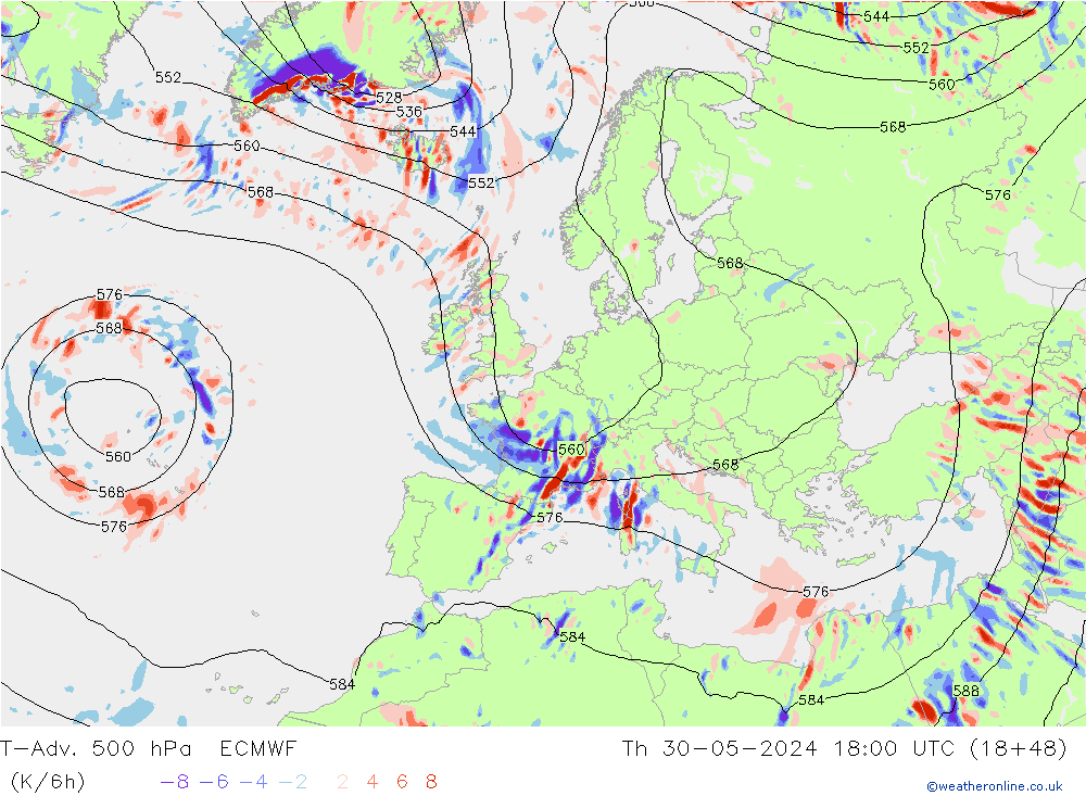 T-Adv. 500 hPa ECMWF Th 30.05.2024 18 UTC